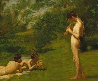 Painting of three young children lying in a grassy field.
