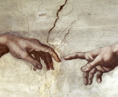 Creation of Adam (detail), Sistine Chapel Ceiling, by Michelangelo, c. 1508–1512. Vatican City, Rome, Italy. 