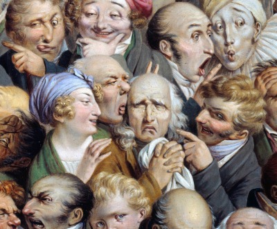 Painting of thirty-five expressive heads.