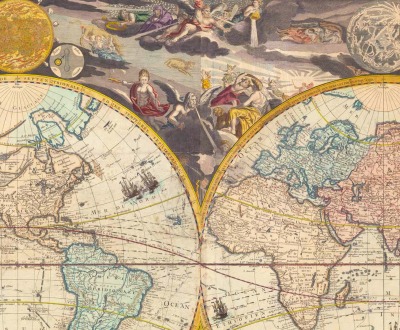 Mappe-Monde ou Carte Genérale de la Terre Divisée en Deux Hémispheres, by Nicolas de Fer, first published in 1694.