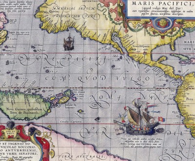 Maris Pacifici, the first printed map to depict the Pacific Ocean, Abraham Ortelius, 1589.