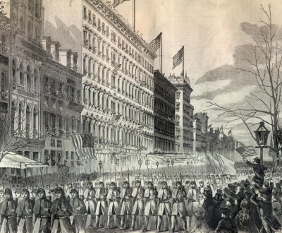 The 7th New York Militia Regiment marches down Broadway, an illustration from Harper’s Weekly, 1861.