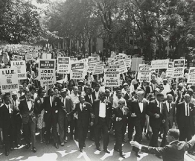 March on Washington for Jobs and Freedom, with Martin Luther King Jr. in the center and Joachim Prinz on the far left, 1963. American Jewish Historical Society.