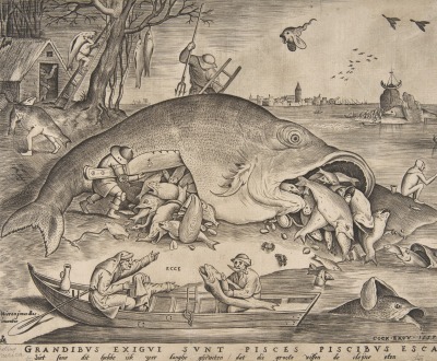 Detail from “Big Fish Eat Little Fish,” by Pieter Bruegel the Elder, engraving by Pieter van der Heyden, 1557.