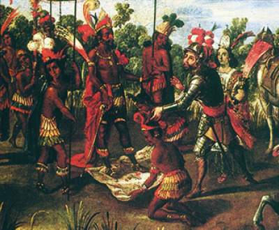 The Meeting of Cortés and Moctezuma (detail), from the Conquest of México series, Mexico, second half of seventeenth century. Library of Congress, Rare Book and Special Collections Division, Jay I. Kislak Collection.