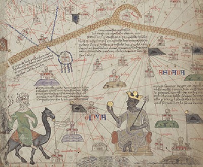 Mansa Musa of Mali holding a gold nugget, detail from Atlas of Maritime Charts, by Abraham Cresques, c. 1375. Bibliothèque Nationale de France, Department of Manuscripts.