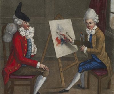 A portrait of the painter Richard Cosway (nicknamed the “Macaroni Painter” or “Billy Dimple”), by Robert Dighton, 1772.