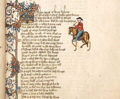Manuscript page illustrated with a small picture of a woman on a horse.