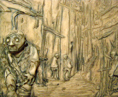 “The people of Innsmouth are not very friendly to outsiders,” by David Gassaway, 2011. Polymer clay, india ink.