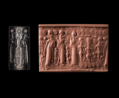 Cylinder seal showing Gilgamesh and Enkidu killing the giant Humbaba, Mitannian, c. 1400–1300 BC.