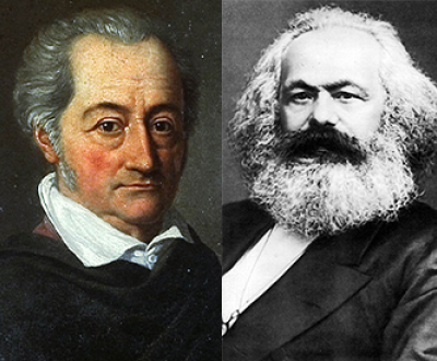 (L) Johann Wolfgang von Goethe (1749–1832), by Karl Josef Raabe, 1814. Wallraf-Richartz-Museum. (R) Karl Marx, 1875. Photograph by John Jabez Edwin Mayall. International Institute of Social History.