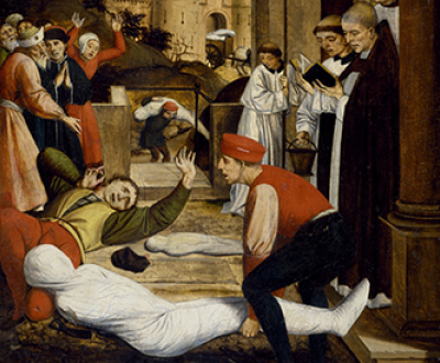 Saint Sebastian Interceding for the Plague Stricken (detail), by Josse Lieferinxe, c. 1497–99.