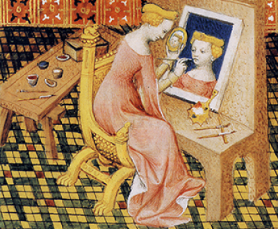 Anonymous, Marcia Painting Self-Portrait Using Mirror (detail), in Giovanni Boccaccio’s De Mulieribus Claris, c. 1403. Bibliothèque Nationale de France. 