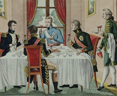Dinner with Napoleon, Alexandre I, and Frederick III, 1807. National Library of France, Prints and Photographs Department.
