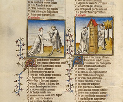 Illustrations from the manuscript Romance of the Rose, by Guillaume de Lorris, c. 1405.