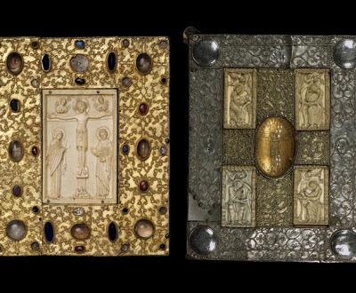 Book cover with Byzantine icon of the Crucifixion produced for the nunnery of Santa Cruz de la Serós, Spain, c. 1085; treasure binding with the Evangelists and the Crucifixion by Othlon of Regensburg, c. 1030–50.