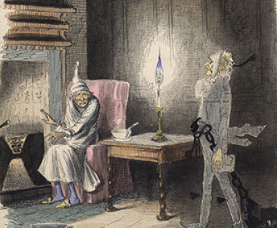 Ebenezer Scrooge visited by Marley’s Ghost, by John Leech, 1843. The British Library.