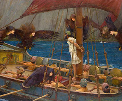 A painting depicting Odysseus tied to the mast of his ship while he listens to the song of the sirens. His crew rows the ship.