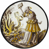 Roundel with allegorical scene of book burning, North Netherlandish, c. 1520.