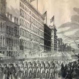 The 7th New York Militia Regiment marches down Broadway, an illustration from Harper’s Weekly, 1861. The 7th New York Militia Regiment marches down Broadway, an illustration from Harper’s Weekly, 1861.