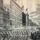 The 7th New York Militia Regiment marches down Broadway, an illustration from Harper’s Weekly, 1861.