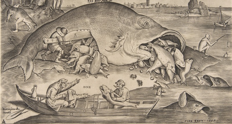 Detail of “Big Fish Eat Little Fish,” by Pieter Bruegel the Elder, engraving by Pieter van der Heyden, 1557. Detail of “Big Fish Eat Little Fish,” by Pieter Bruegel the Elder, engraving by Pieter van der Heyden, 1557.