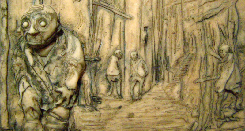 “The people of Innsmouth are not very friendly to outsiders,” by David Gassaway, 2011. Polymer clay, india ink. “The people of Innsmouth are not very friendly to outsiders,” by David Gassaway, 2011. Polymer clay, india ink.
