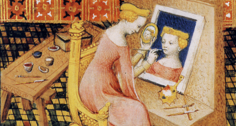 Anonymous, Marcia Painting Self-Portrait Using Mirror (detail), in Giovanni Boccaccio’s De Mulieribus Claris, c. 1403. Bibliothèque Nationale de France. Anonymous, Marcia Painting Self-Portrait Using Mirror (detail), in Giovanni Boccaccio’s De Mulieribus Claris, c. 1403. Bibliothèque Nationale de France.