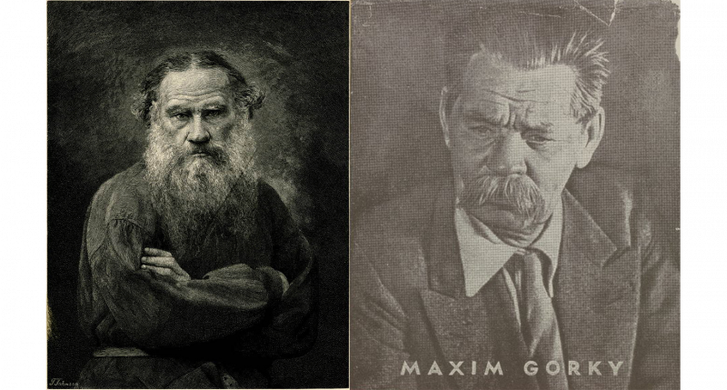 Portrait of Leo Tolstoy from a wood engraving by T. Johnson, c. 1895–1905; cover of Articles and Pamphlets by Maxim Gorky, from In Our Time: Covers for a Small Library After the Life for the Most Part, 1969–1970. British Museum. Portrait of Leo Tolstoy from a wood engraving by T. Johnson, c. 1895–1905; cover of Articles and Pamphlets by Maxim Gorky, from In Our Time: Covers for a Small Library After the Life for the Most Part, 1969–1970. British Museum.