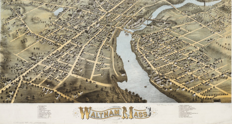 View of Waltham, Massachusetts, O.H. Bailey & Co., 1877. View of Waltham, Massachusetts, O.H. Bailey & Co., 1877.