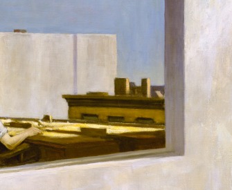 Painting of a man in an office looking out of the window.