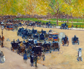 Painting of people and carriages in the road next to a park.