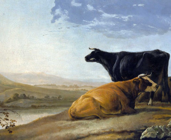 Young Herdsmen with Cows (detail), by Aelbert Cuyp, c. 1655–60. The Metropolitan Museum of Art, bequest of Benjamin Altman, 1913. Painting of cows resting in a landscape with two herdsmen at right.