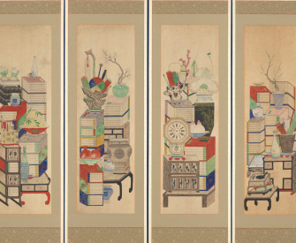 Books and Scholars’ Possessions (detail), by an unidentified artist, early twentieth century. The Metropolitan Museum of Art, Purchase, Shelby White Gift, 2005. Detail of Books and Scholars’ Possessions, ten-panel folding screen by an unidentified artist, early twentieth century. The Metropolitan Museum of Art, Purchase, Shelby White Gift, 2005.