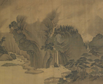 Autumn River in the Rain and Clouds, formerly attributed to Xu Daoning, sixteenth century. Smithsonian’s National Museum of Asian Art. Scroll of a river passing through mountains covered in clouds.