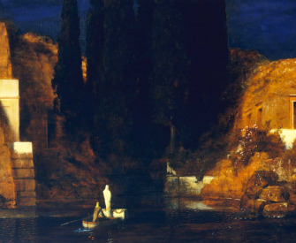 Painting of a boat with two shrouded figures approaching a rocky island at night.