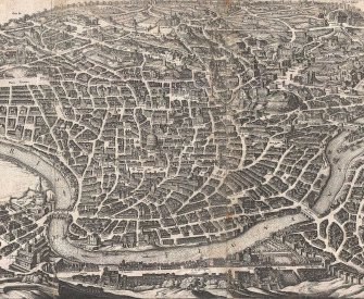 Engraving of an overhead view of the city of Rome.
