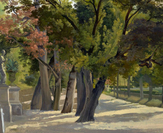 Painting of two statues in a grove of trees.