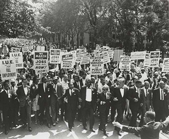 March on Washington for Jobs and Freedom, with Martin Luther King Jr. in the center and Joachim Prinz on the far left, 1963. American Jewish Historical Society.