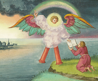 Folio 184: John and the Angel (detail), Book of Revelation, from the Augsburg Book of Miracles, c. 1552.