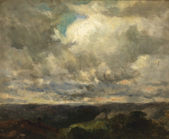 A painting of a rolling landscape with dark ominous clouds.