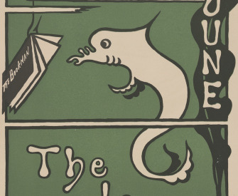 Advertisement for <em>The Bookman</em>, by M. E. Norton, 1896. Library of Congress, Prints and Photographs Division. An advertisement for the Bookman. On a green background, a drawing of a fish reading a copy of the Bookman dangling from the hook on a fishing line.