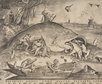 Detail from “Big Fish Eat Little Fish,” by Pieter Bruegel the Elder, engraving by Pieter van der Heyden, 1557.
