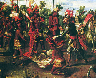 The Meeting of Cortés and Moctezuma (detail), from the Conquest of México series, Mexico, second half of seventeenth century. Library of Congress, Rare Book and Special Collections Division, Jay I. Kislak Collection.