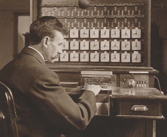 U.S. Census Bureau staff using Hollerith electrical tabulator, 1908. Photograph by Waldon Fawcett.