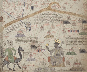 Mansa Musa of Mali holding a gold nugget, detail from Atlas of Maritime Charts, by Abraham Cresques, c. 1375. Bibliothèque Nationale de France, Department of Manuscripts.