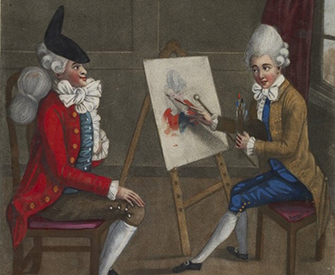 A portrait of the painter Richard Cosway (nicknamed the “Macaroni Painter” or “Billy Dimple”), by Robert Dighton, 1772.