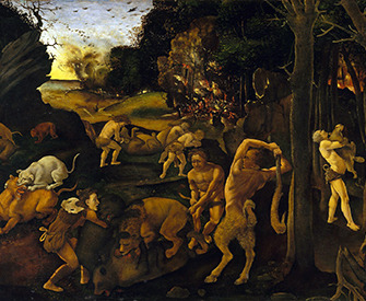 A Hunting Scene (detail), by Piero di Cosimo, c. 1494–1500. The Metropolitan Museum of Art, Gift of Robert Gordon, 1875. A Hunting Scene (detail), painting by Piero di Cosimo, c. 1494–1500. The Metropolitan Museum of Art, Gift of Robert Gordon, 1875.