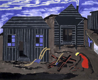 A painting. A woman gathers firewood into a pile in front of two small houses and a clothing line. The sky is purple and streaked with clouds.