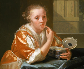 A young woman in an elaborate gown eats sugar straight from the jar.